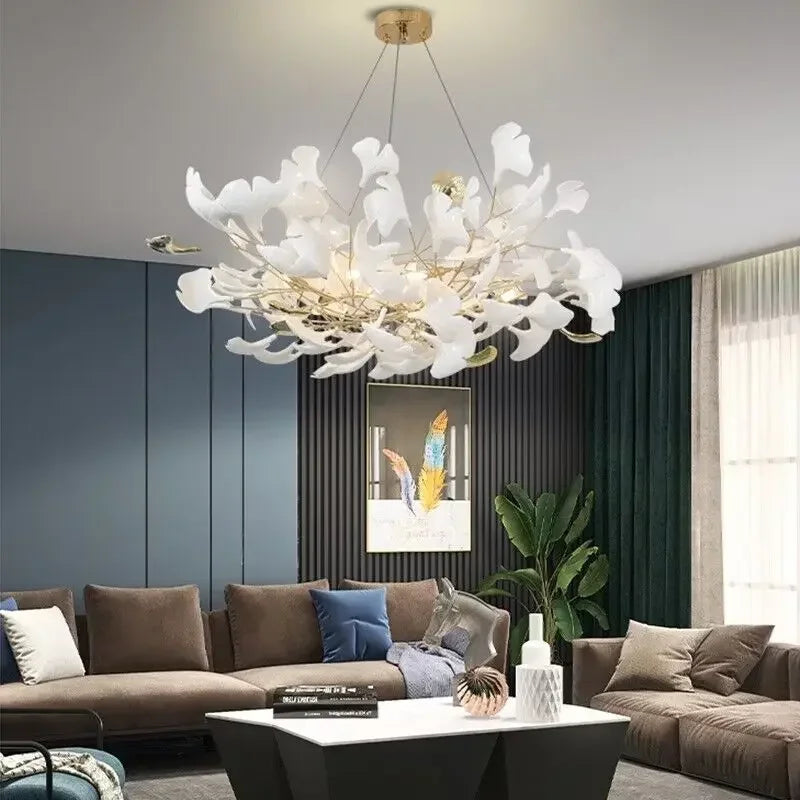 Decorbites™ Blattzweig-Keramik-Kronleuchter | Moderne goldene Leuchte für das Wohnzimmer