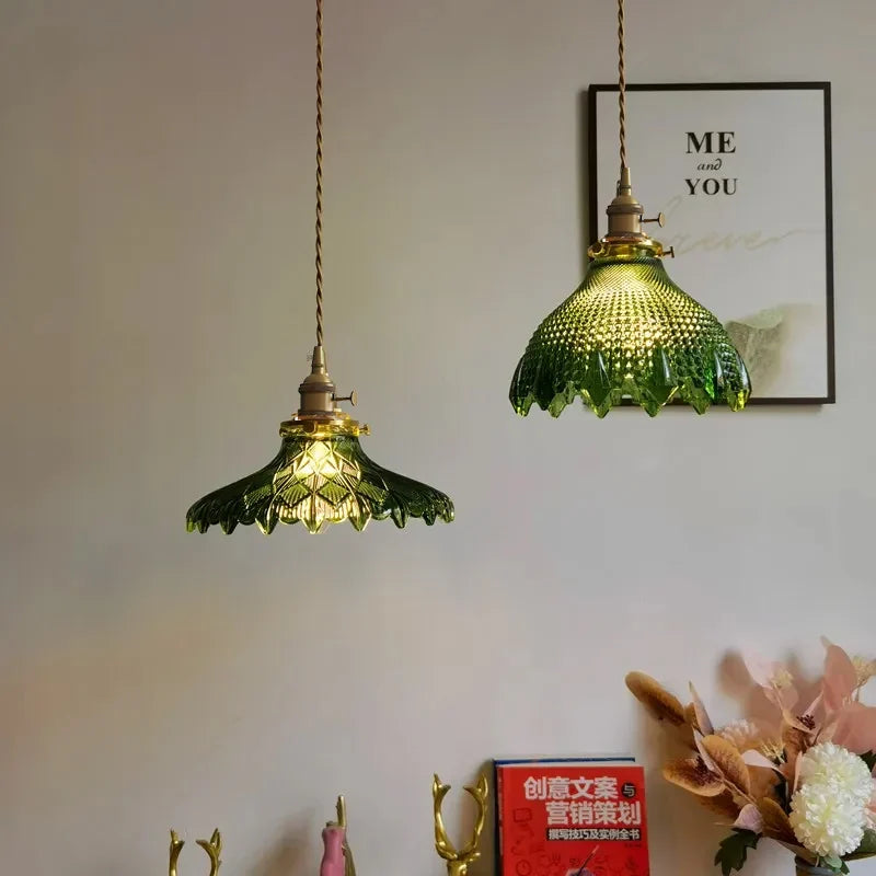 Korean Retro Glass Pendant Light With Wood Accent