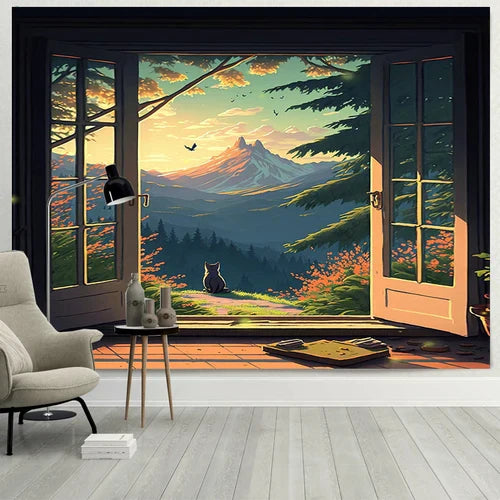 DecorBites™ Dreamy Window Cat Tapestry Landscape Wall Cloth for Bedroom & Living Room