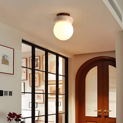 DecorBites™ LED Ceiling Light with Wood Base and White Glass Shade