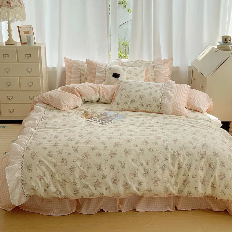Decorbites™ Baumwoll-Bettwäsche-Set Kleine Blumenmuster Prinzessin - Queensize - Daunendeckelbezug Bettlaken Bettrock Kissenbezüge