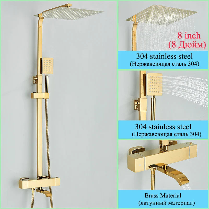 Decorbites™ Golden Thermostatisches Duscharmatur-Set mit Regendusche-Säule und 3-Wege-Mischer