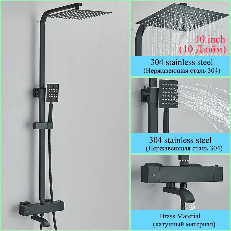 Decorbites™ Golden Thermostatisches Duscharmatur-Set mit Regendusche-Säule und 3-Wege-Mischer