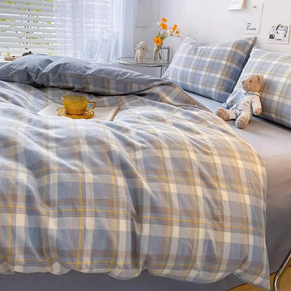 DecorBites™ Cozy Plaid Duvet Cover | Simple Nordic Comforter Cover | Non-Fading Washed Cotton Bedding