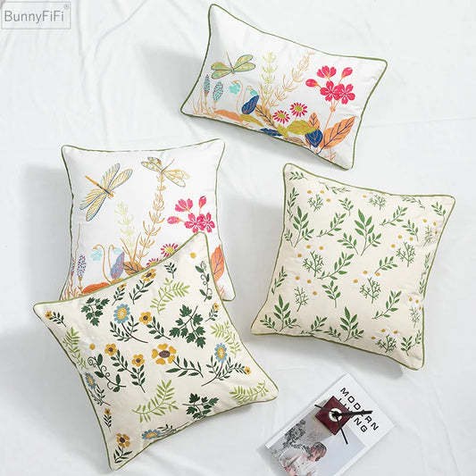 Decorbites™ Daisy Floral Grüne Blätter Stickerei Kissenbezug für Wohnzimmer Schlafzimmer