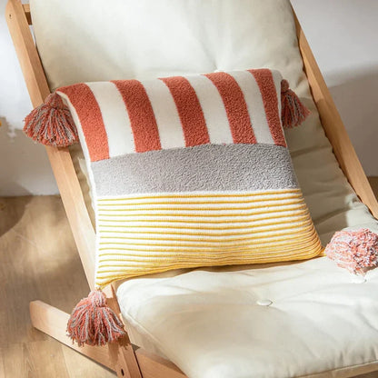 DecorBites™ Knit Stripe Pillow Cover Blue Pink Tassles 45x45cm Soft Living Room Bedroom