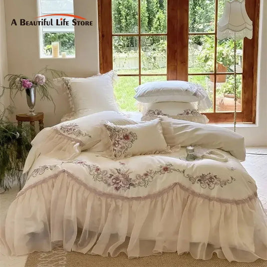 Decorbites™ Elegante Blumenstickerei Spitze Prinzessin Hochzeits-Bettwäsche-Set - 1200TC Baumwollbettbezug