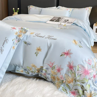 Decorbites™ Blumen-Stickerei Seidenbettwäsche-Set mit Steppdeckenbezug und Spannbettlaken