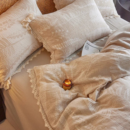 Decorbites™ Leinen-Baumwoll-Gesundheits-Krausgarn-Bettwäsche-Set mit Vintage-Spitze - Bettbezug, Laken, Kissenbezug