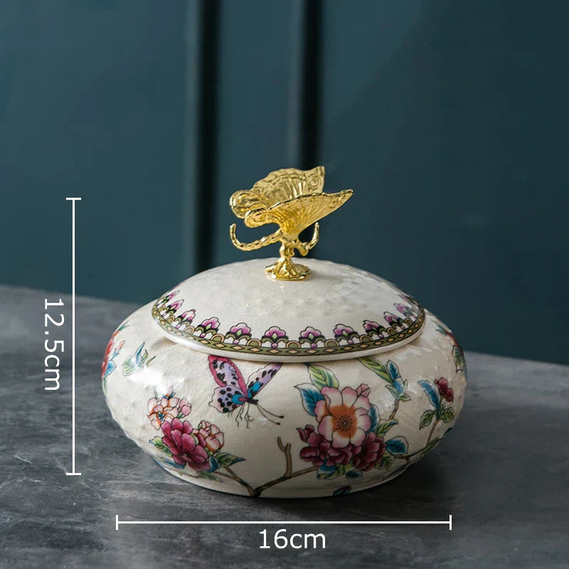 DecorBites™ Dragonfly Lid Ceramic Jewelry Box - Round Floral Pattern Storage Jar