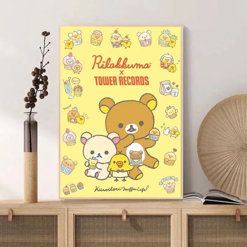 Anime Cute Cartoon R-Rilakkuma Poster Wall Art Canvas Printing Manga Bear Chick Cat Reading Nursery Kids Kawaii Room Decor