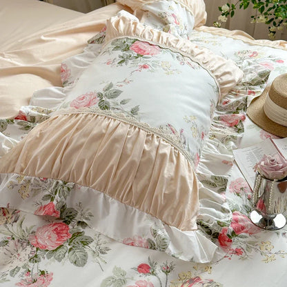 Decorbites™ Koreanische Prinzessin-Stil Blumen-Baumwoll-Bettwäsche-Set mit Rüschen