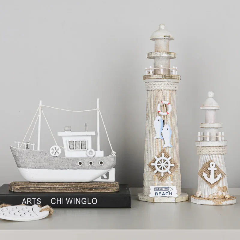 Decorbites™ Küstenholz-Leuchtturm- und Schiffsmodell für mediterrane Heimdekoration