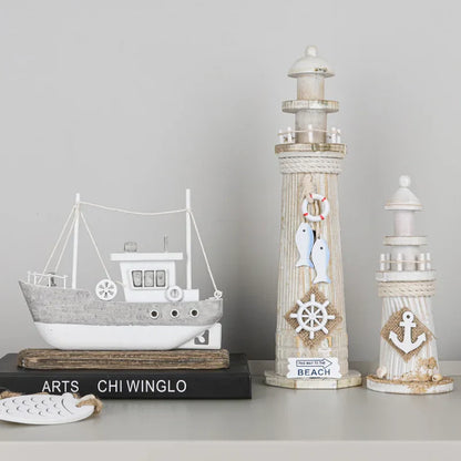Decorbites™ Küstenholz-Leuchtturm- und Schiffsmodell für mediterrane Heimdekoration