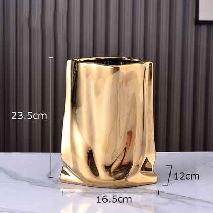 DecorBites™ Gold Plated Pleated Texture Ceramic Vase for Desk Decor and Flower Arrangements