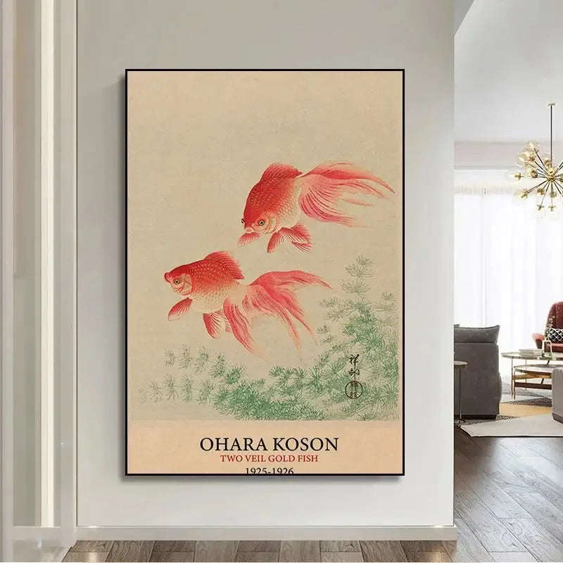 Goldfish Lotus Japanese Art Poster Hokusai Ohara Koson Japanese Wall Art Retro Canvas Painting Living Room Decoration No Frame