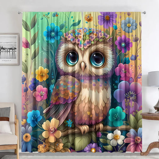 DecorBites™ Black Cat Color Owl Modern Printed Curtain Set