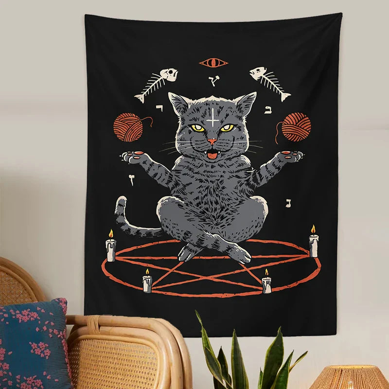 DecorBites™ Cat Coven Tapestry Wall Hanging - Cool Black Witchcraft Decor for Living Room and Bedroom
