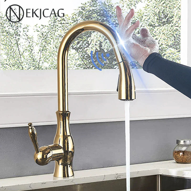 Decorbites™ Gold Sensor-Küchenarmatur mit Ausziehbarer Brause, Berührungssteuerung, Mischbatterie, Spülbeckenarmatur