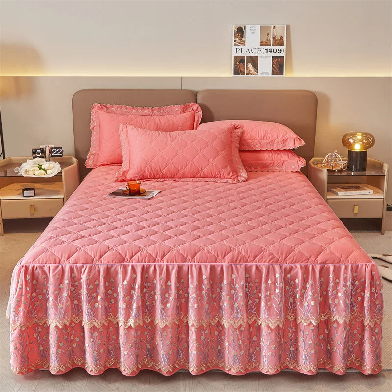 DecorBites™ Cotton Lace Ruffles Quilted Bed Skirt Set with Pillowcases