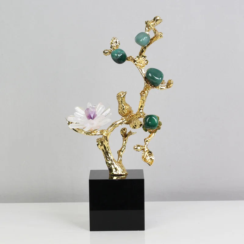 Decorbites™ Goldener Baum Kristallblüte Messing Amethyst Dekoration mit Goldenen Vogel-Figuren