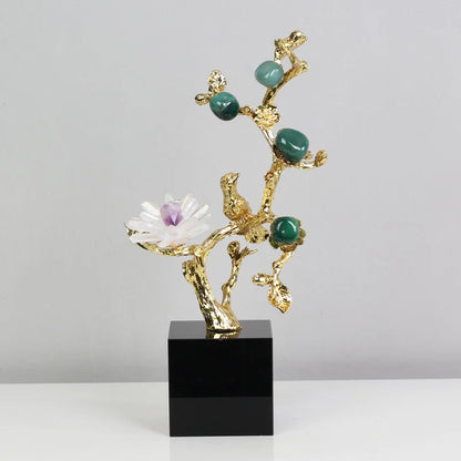Decorbites™ Goldener Baum Kristallblüte Messing Amethyst Dekoration mit Goldenen Vogel-Figuren