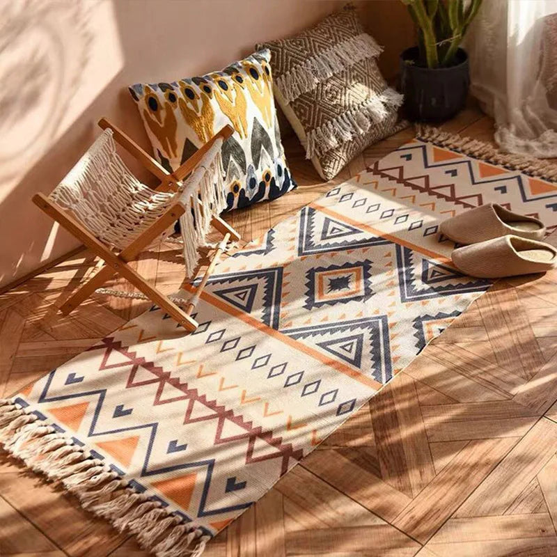 Decorbites™ Leinen-Karo-Baumwollgewebe-Teppich - Boho-Stil-Läufer für Wohnzimmer, Schlafzimmer und Heimdekoration