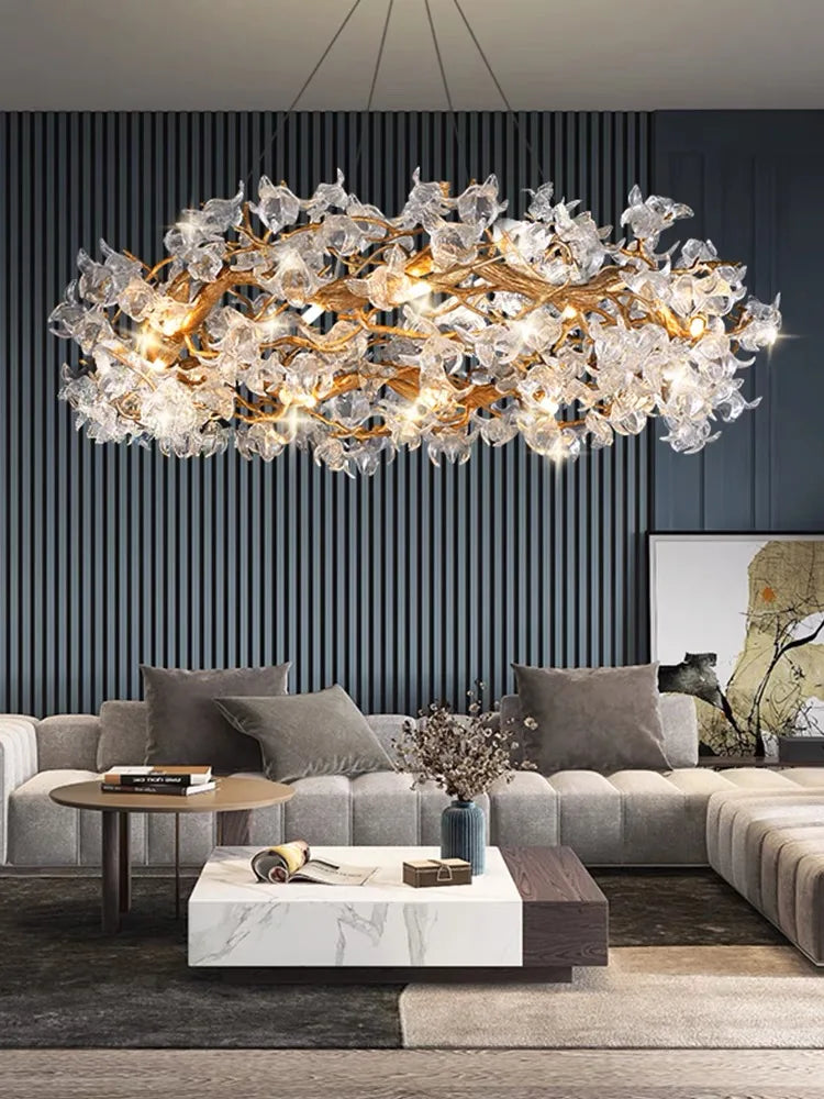 Decorbites™ Glas-Kristall-LED-Zweige-Kronleuchter-Hängeleuchte – Handgefertigte Kapok-Blumen-Dekoration