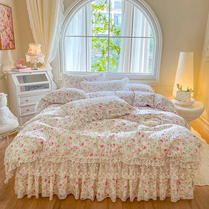 Decorbites™ Französische Spitzen-Volants-Seersucker-Bettset: 4-Tlg. Prinzessinnen-Bettwäsche Quiltbezug