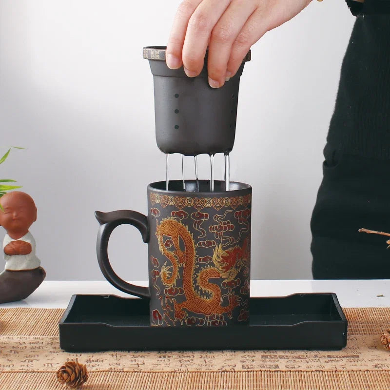 Decorbites™ Drachen-Lila-Ton-Teetasse mit Deckel und Sieb, handgefertigte Yixing-Teetasse