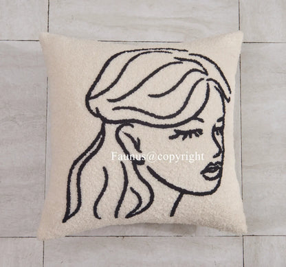 DecorBites™ Lambswool Face Cushion Cover 45x45 Beige White Abstract Art Pillowcase