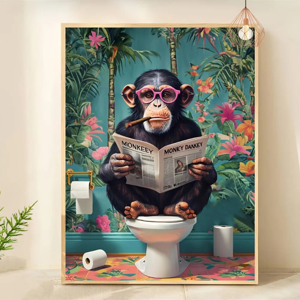 A Frameless Funny Gorilla Reading A Newspaper on The Toilet Canvas Painting for The Art Decoration of The Toilet Bathroom Wall