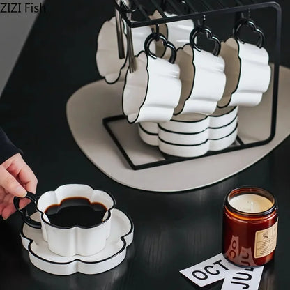 Decorbites™ Black Edged Flower Mug Set - Keramik-Tasse & Untertasse für Tee, Kaffee und Saft