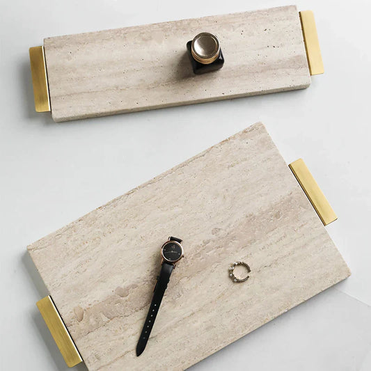 DecorBites™ Beige Travertine Stone Tray with Golden Metal Handle