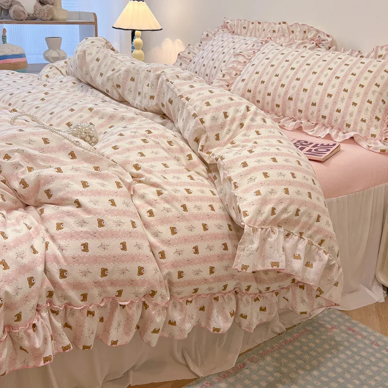 Decorbites™ Koreanische Prinzessin Blumenmuster-Bettwäsche-Set aus gewaschener Baumwolle für Mädchen