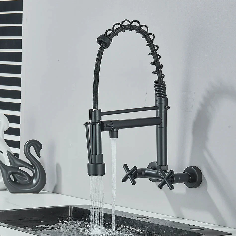 Gold Black Wall Faucet With Dual Swivel Spouts