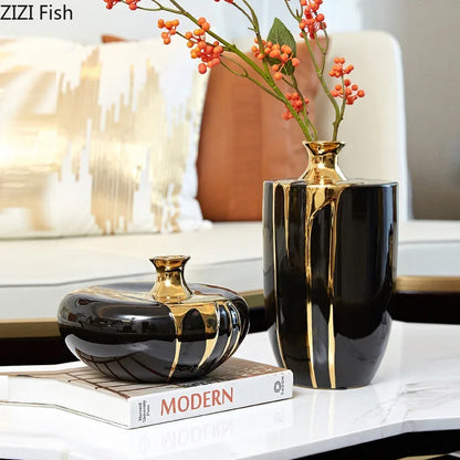 Decorbites™ Elegante schwarze Gold-Keramikvase für moderne Luxusblumen-Dekoration