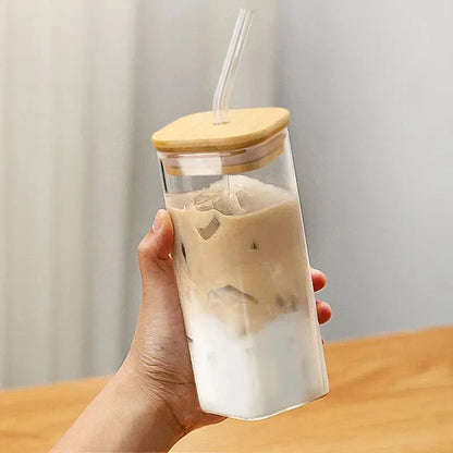 Decorbites™ hitzebeständiger Glasbecher mit Deckel und Trinkhalm für Kaffee, Milch, Tee, Saft