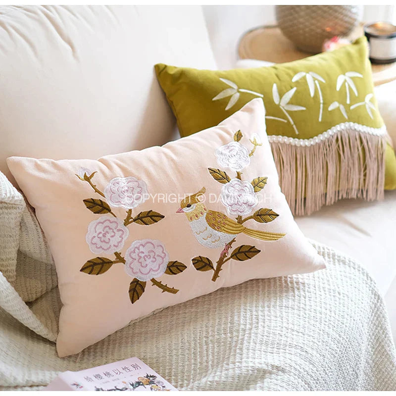 DecorBites™ Bamboo Embroidered Fringed Velvet Lumbar Pillow Cover 30x50cm Luxurious Artistic Oriental Style
