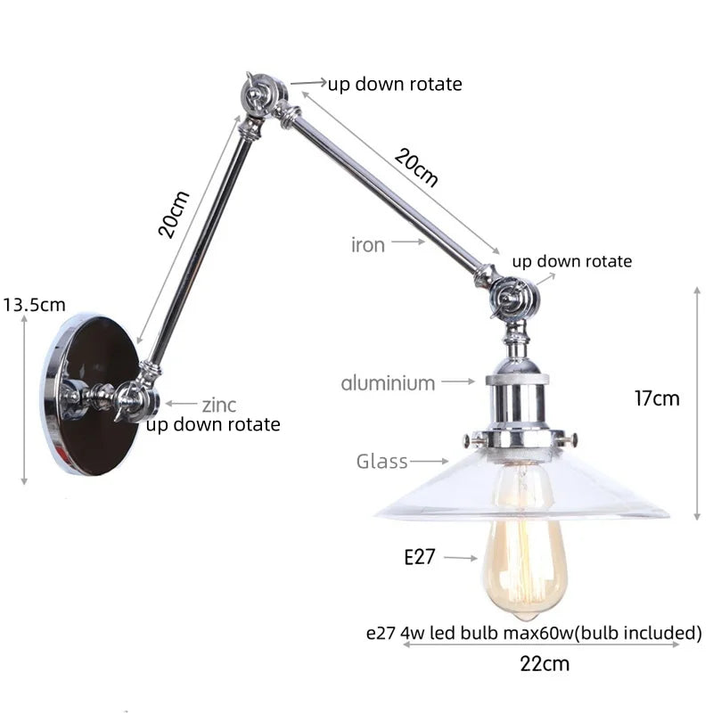 Decorbites™ Industrielles Loft Schwenkarm-LED-Wandleuchte Glas Vintage Spiegel-Lampe
