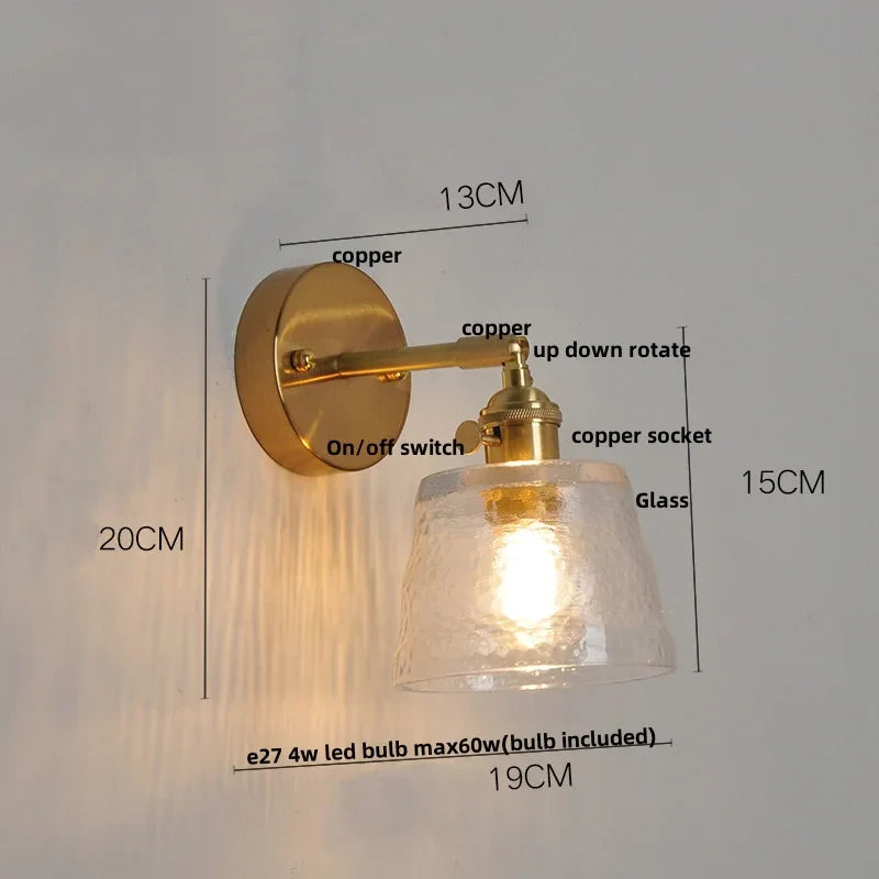 DecorBites™ Clear Glass LED Wall Lights Brass E27 Pull Chain Switch Bedside Lamp