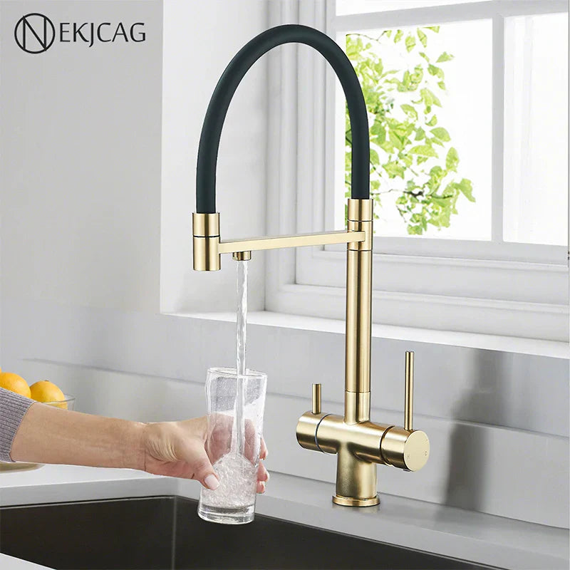 Decorbites™ Gebürstetes Gold 360° Drehbarer Ausziehbarer Küchenfilterarmatur mit Zweigängigem Griff