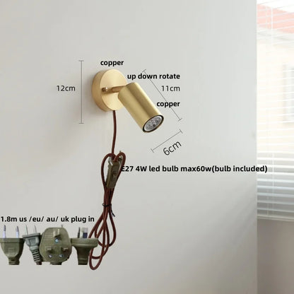 DecorBites™ Copper Lampshade LED Wall Sconce Pull Chain Switch Nordic Modern Walnut Wood Mirror Light