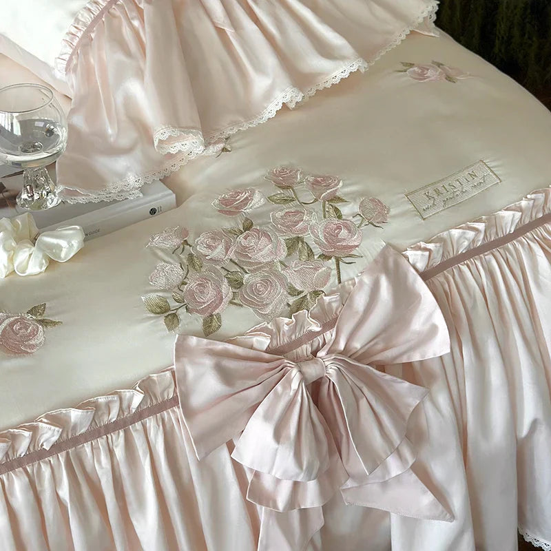 DecorBites™ French Bow Ruffle Flower Embroidery Bedding Set - Luxury Lyocell Cotton