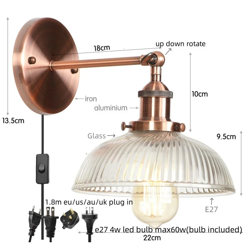 Decorbites™ Glas-Industrie-LED-Wandleuchte mit Zugschalter, Vintage-Nachttischlampe