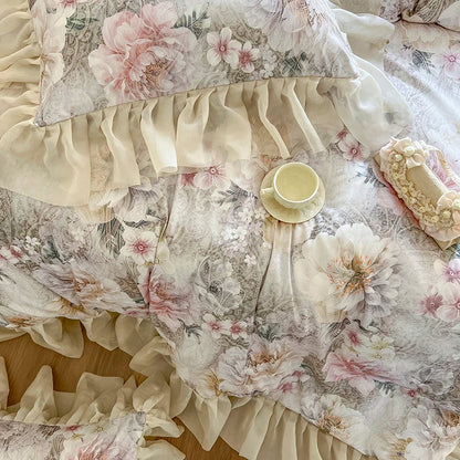 Decorbites™ Französisches Vintage-Spitzen-Prinzessinnen-Bettwäsche-Set mit Blumenprint-Bettüberzug