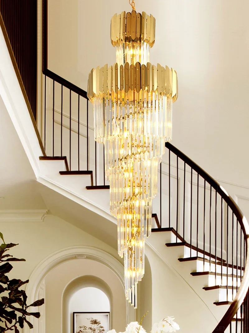 Decorbites™ Goldene Luxus-Spiral-Kristall-Leuchter für mehrstöckige Treppenhäuser