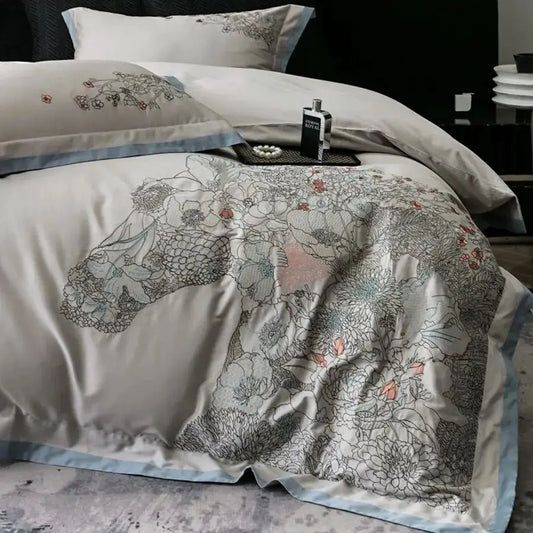 DecorBites™ Cotton Flowers Horse Embroidery Luxury Bedding Set - Duvet Cover, Bed Sheet, Pillowcases