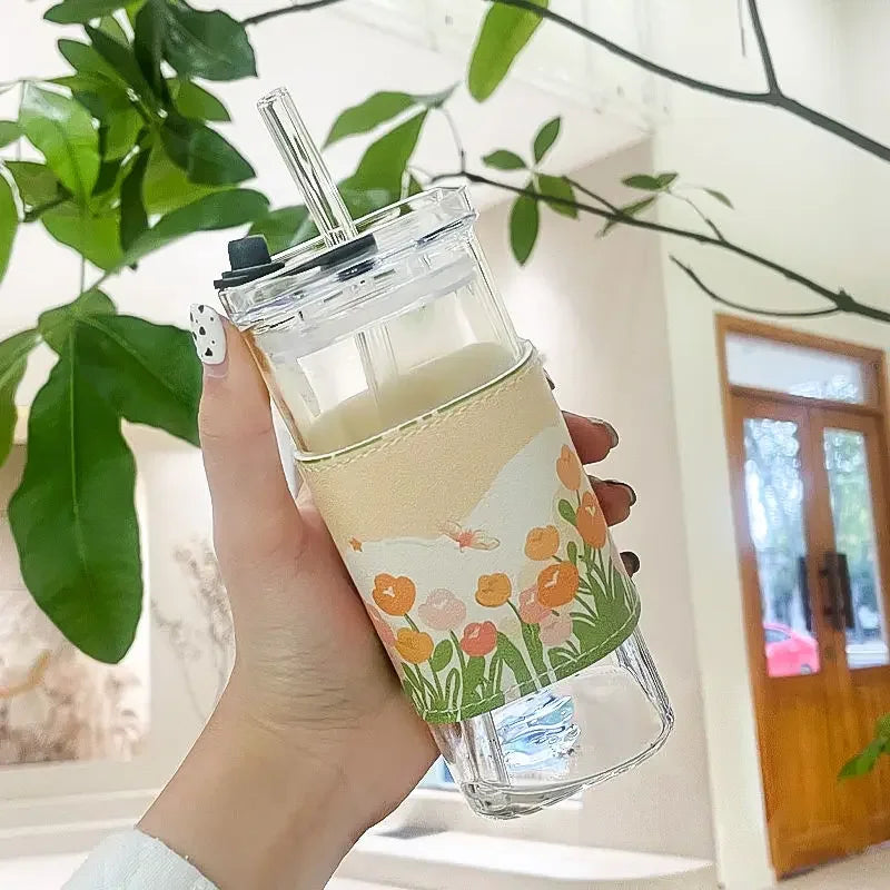 Decorbites™ hitzebeständiger Glasbecher mit Deckel und Trinkhalm für Kaffee, Milch, Tee, Saft