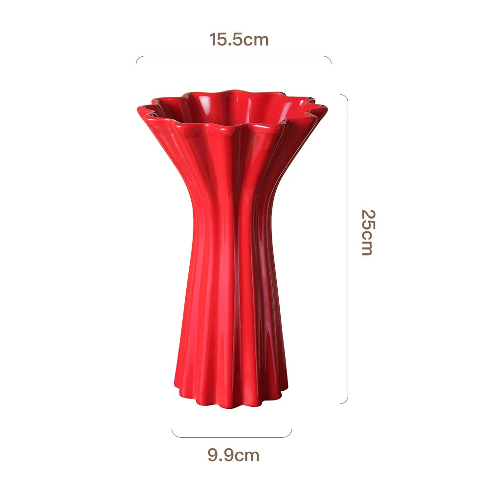Decorbites™ Geometrisches Faltenmuster Keramikvase Rotes Blumenarrangement Terrarium Wohnraumausstattung